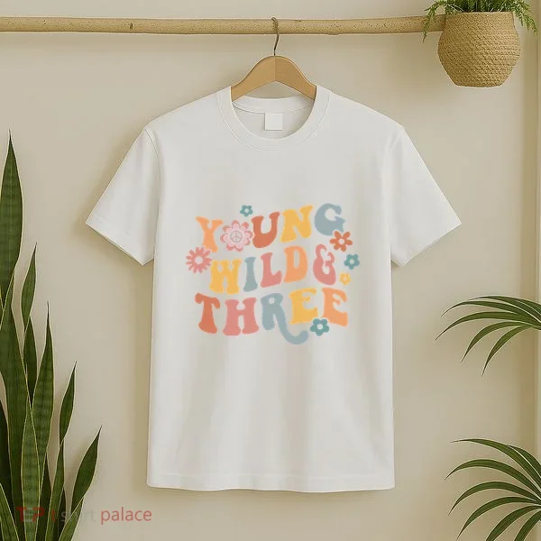 Young Wild & Three Retro Groovy 3rd Birthday T-Shirt