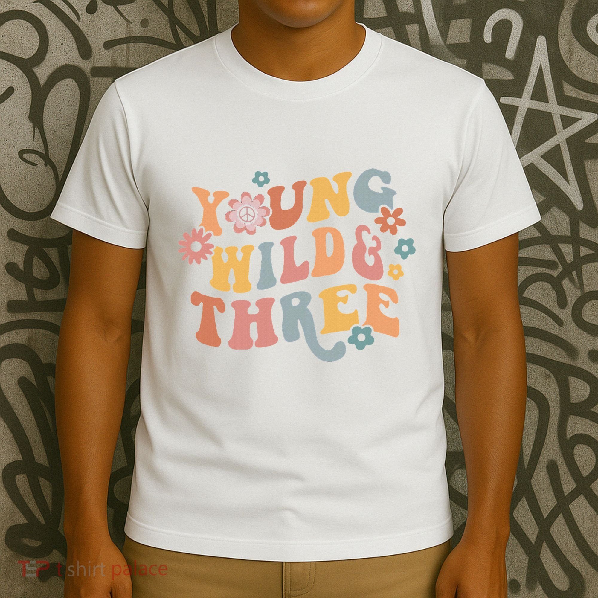 Young Wild & Three Retro Groovy 3rd Birthday T-Shirt