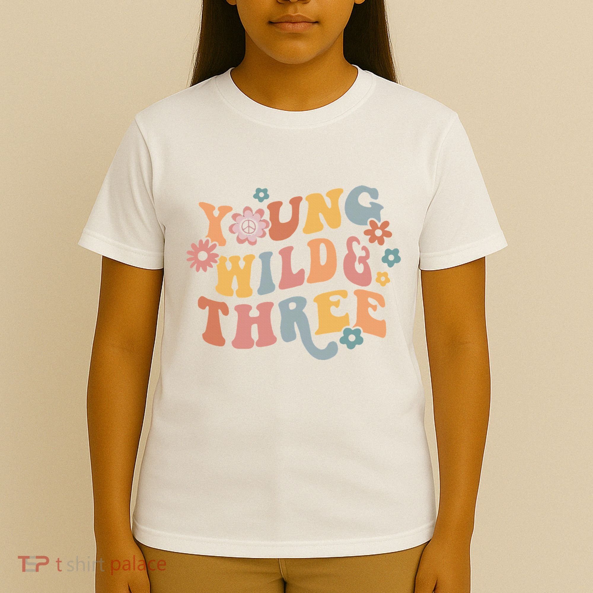 Young Wild & Three Retro Groovy 3rd Birthday T-Shirt