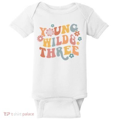 Young Wild & Three Retro Groovy 3rd Birthday Baby Bodysuit