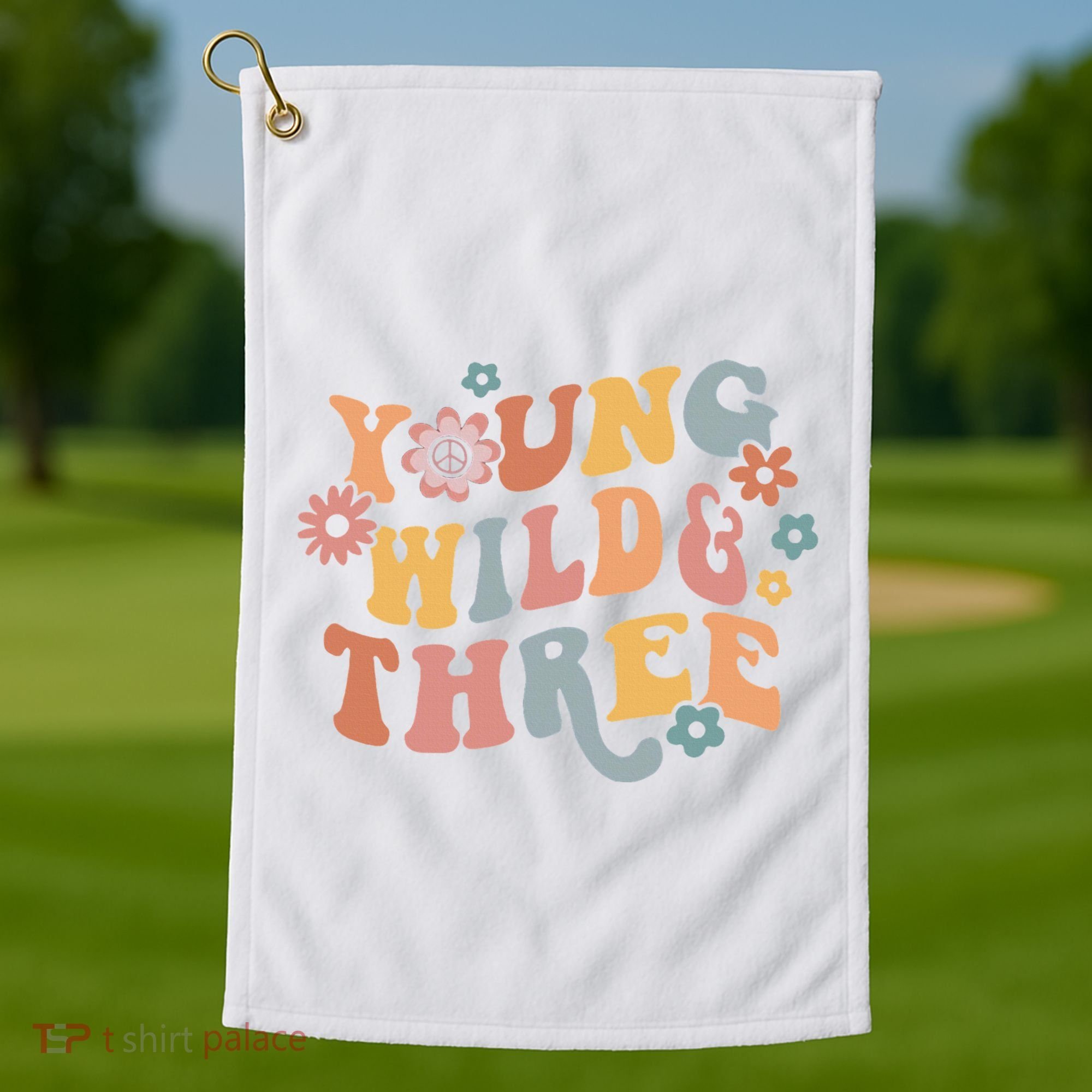 Young Wild & Three Retro Groovy 3rd Birthday Golf Towel