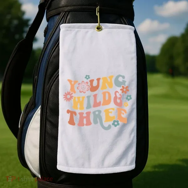 Young Wild & Three Retro Groovy 3rd Birthday Golf Towel