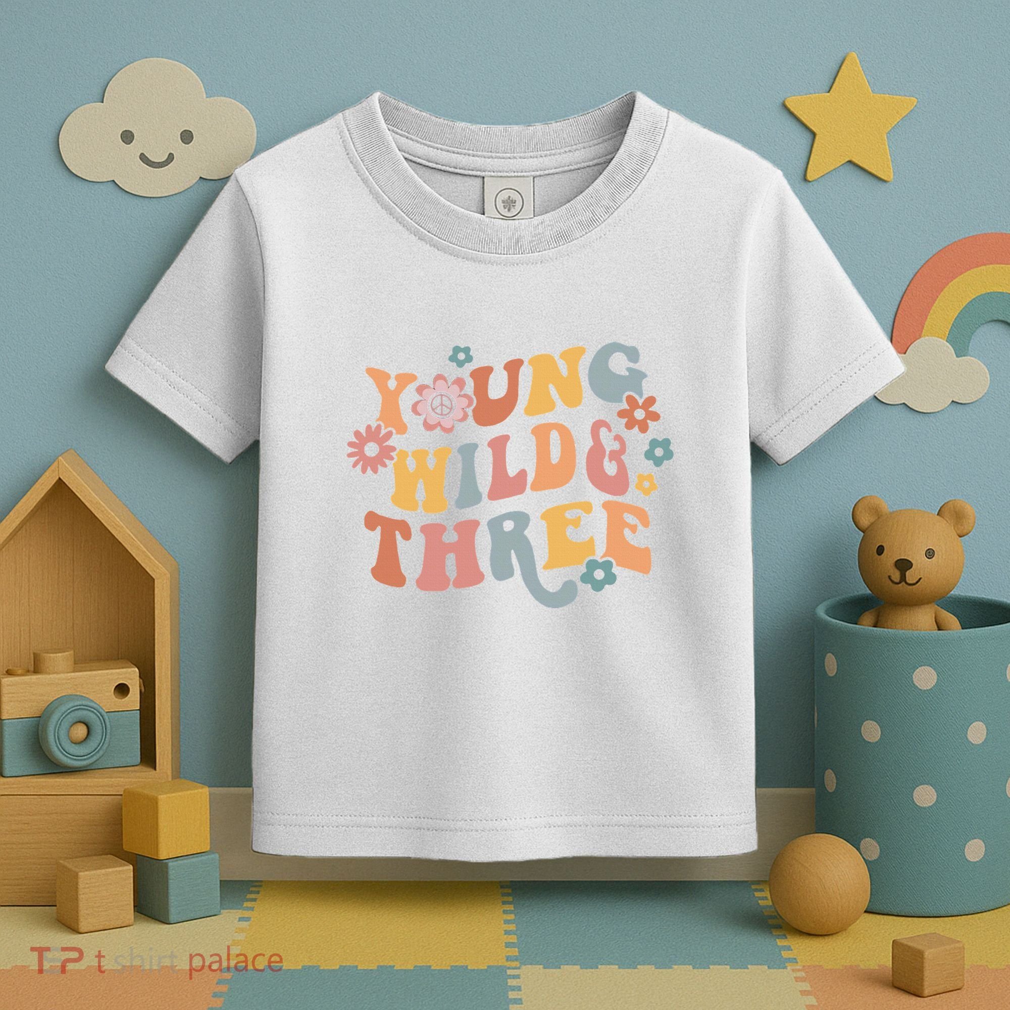 Young Wild & Three Retro Groovy 3rd Birthday Toddler T-Shirt