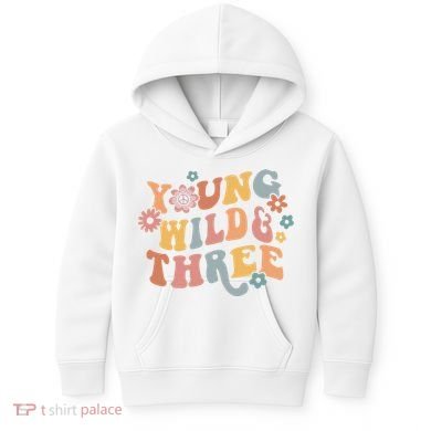 Young Wild & Three Retro Groovy 3rd Birthday Kids Hoodie