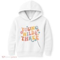 Young Wild & Three Retro Groovy 3rd Birthday Kids Hoodie thumb 0