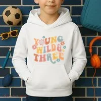 Young Wild & Three Retro Groovy 3rd Birthday Kids Hoodie thumb 2