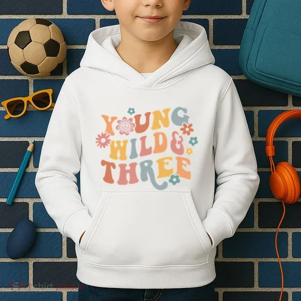 Young Wild & Three Retro Groovy 3rd Birthday Kids Hoodie