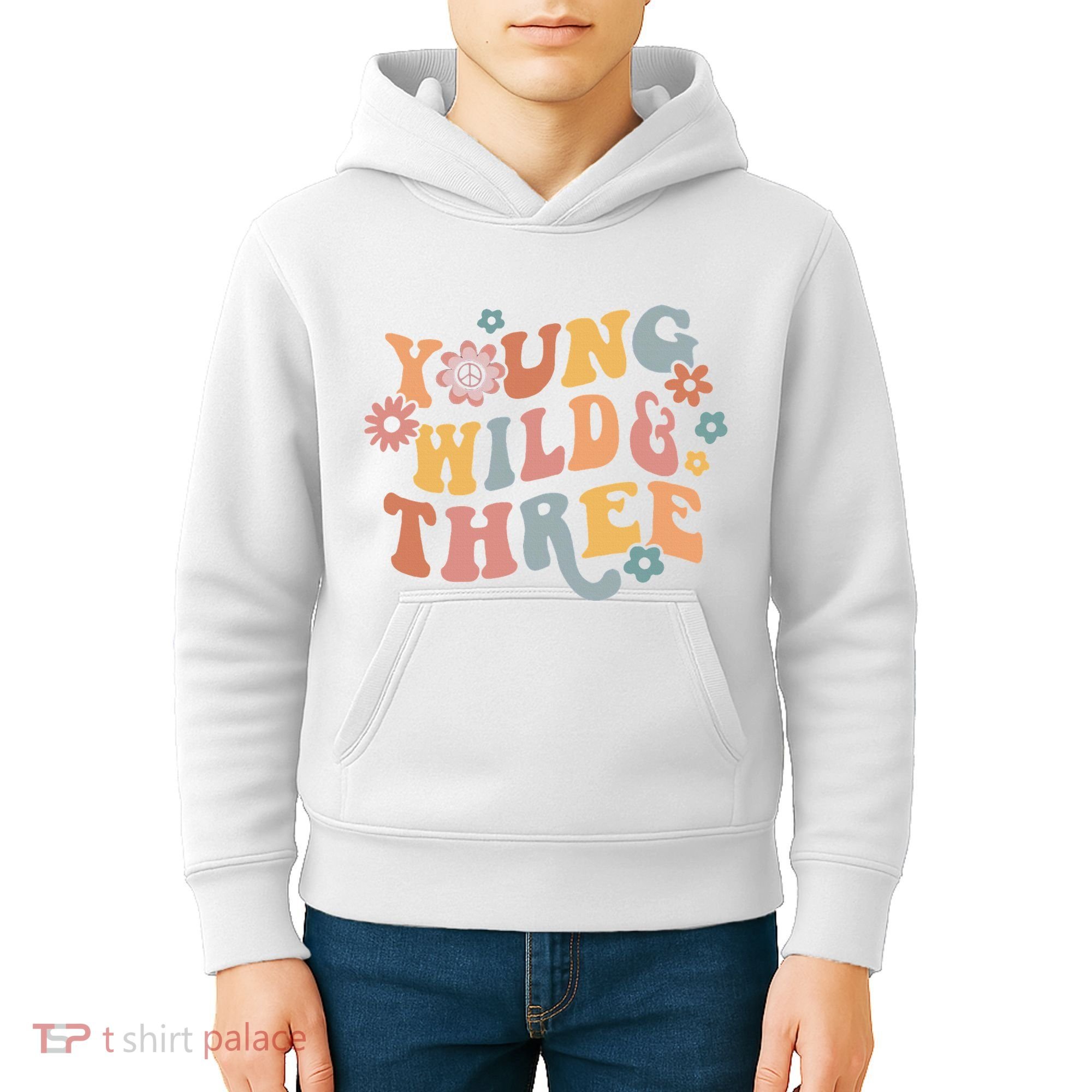 Young Wild & Three Retro Groovy 3rd Birthday Kids Hoodie