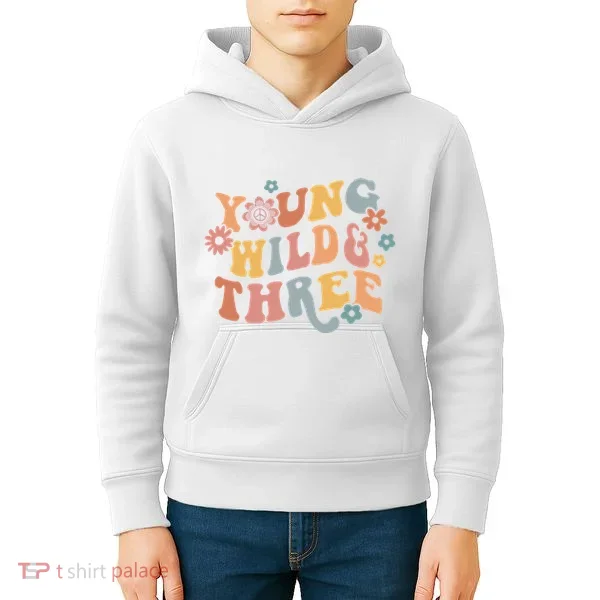 Young Wild & Three Retro Groovy 3rd Birthday Kids Hoodie