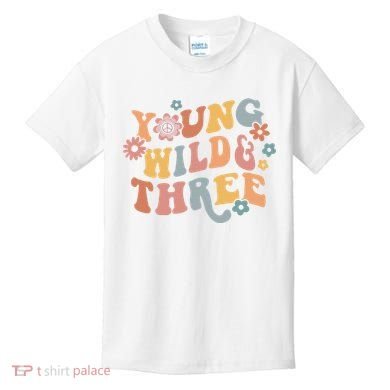 Young Wild & Three Retro Groovy 3rd Birthday Kids T-Shirt