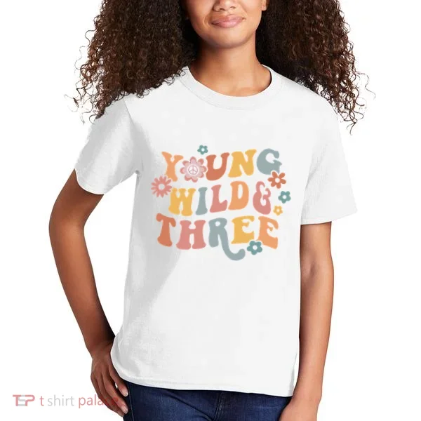 Young Wild & Three Retro Groovy 3rd Birthday Kids T-Shirt