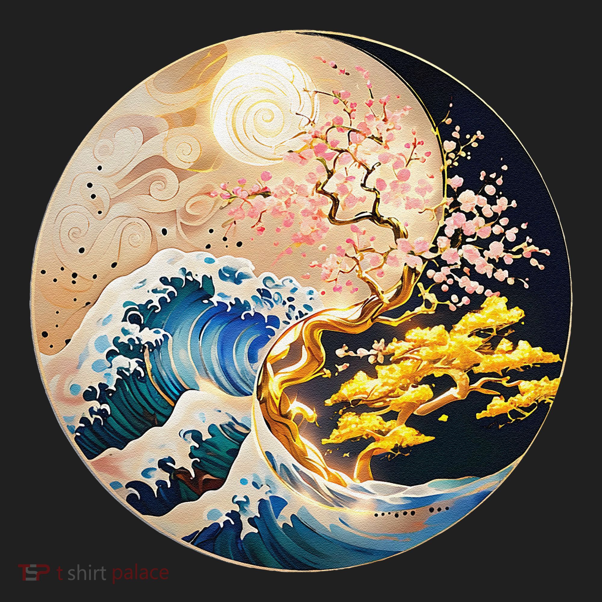 Yin Yang Blossom Golden Tree Of Harmony & Great Wave Five-Panel Snapback Cap