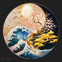 Yin Yang Blossom Golden Tree Of Harmony & Great Wave Beanie thumb 2