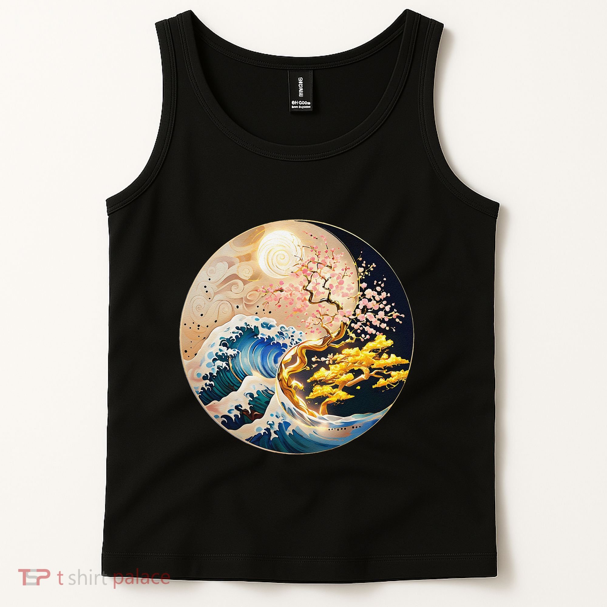 Yin Yang Blossom Golden Tree Of Harmony & Great Wave Tank Top
