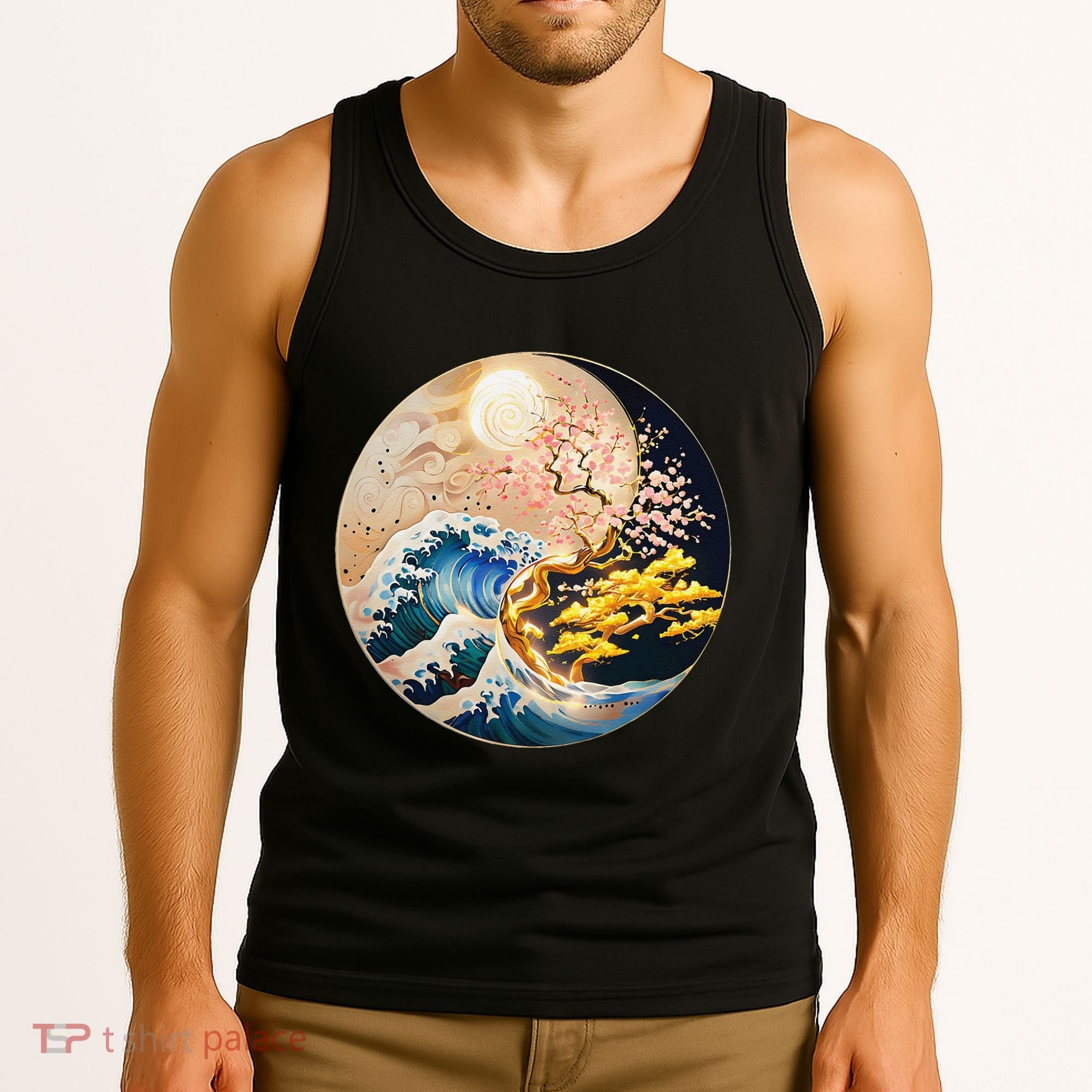 Yin Yang Blossom Golden Tree Of Harmony & Great Wave Tank Top