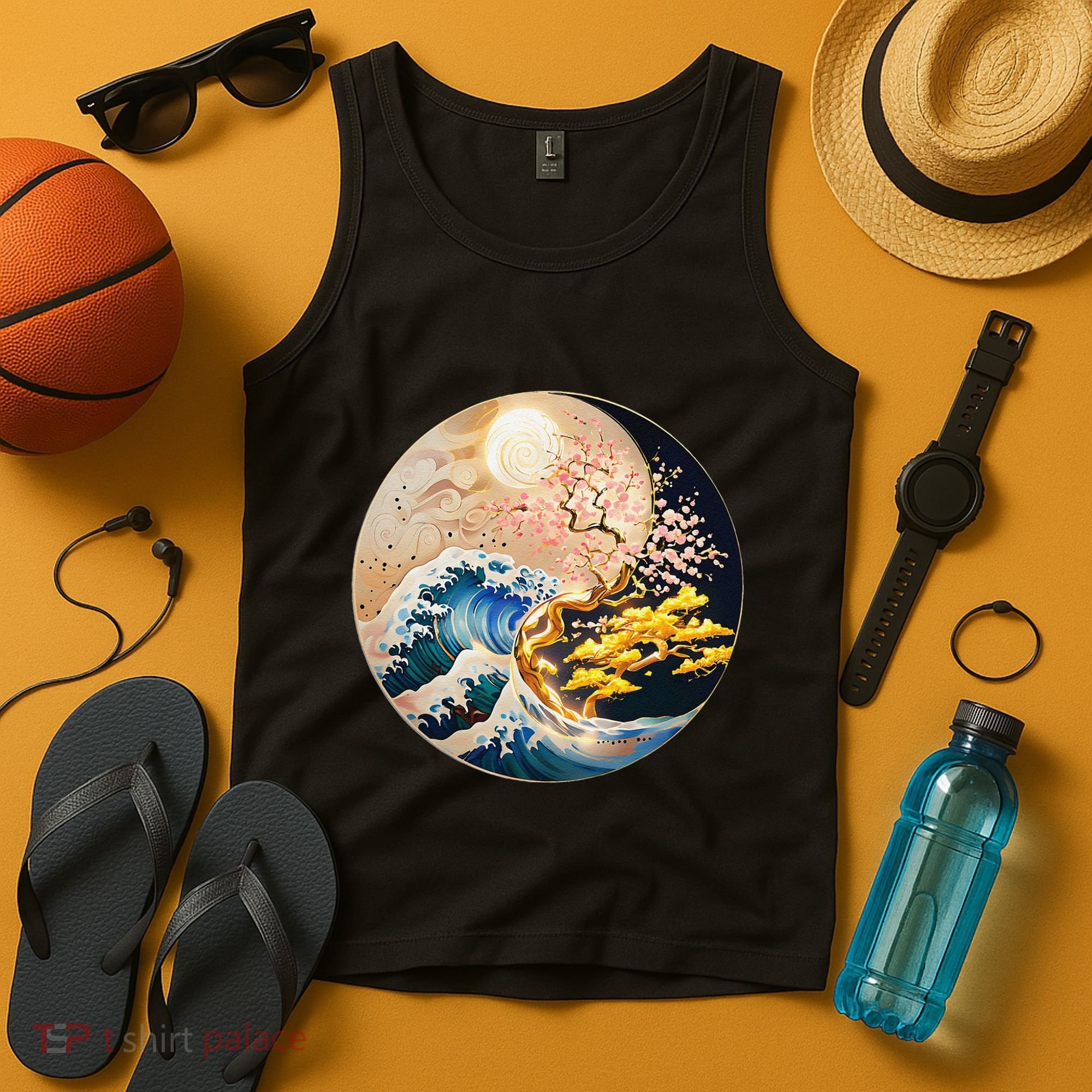 Yin Yang Blossom Golden Tree Of Harmony & Great Wave Tank Top