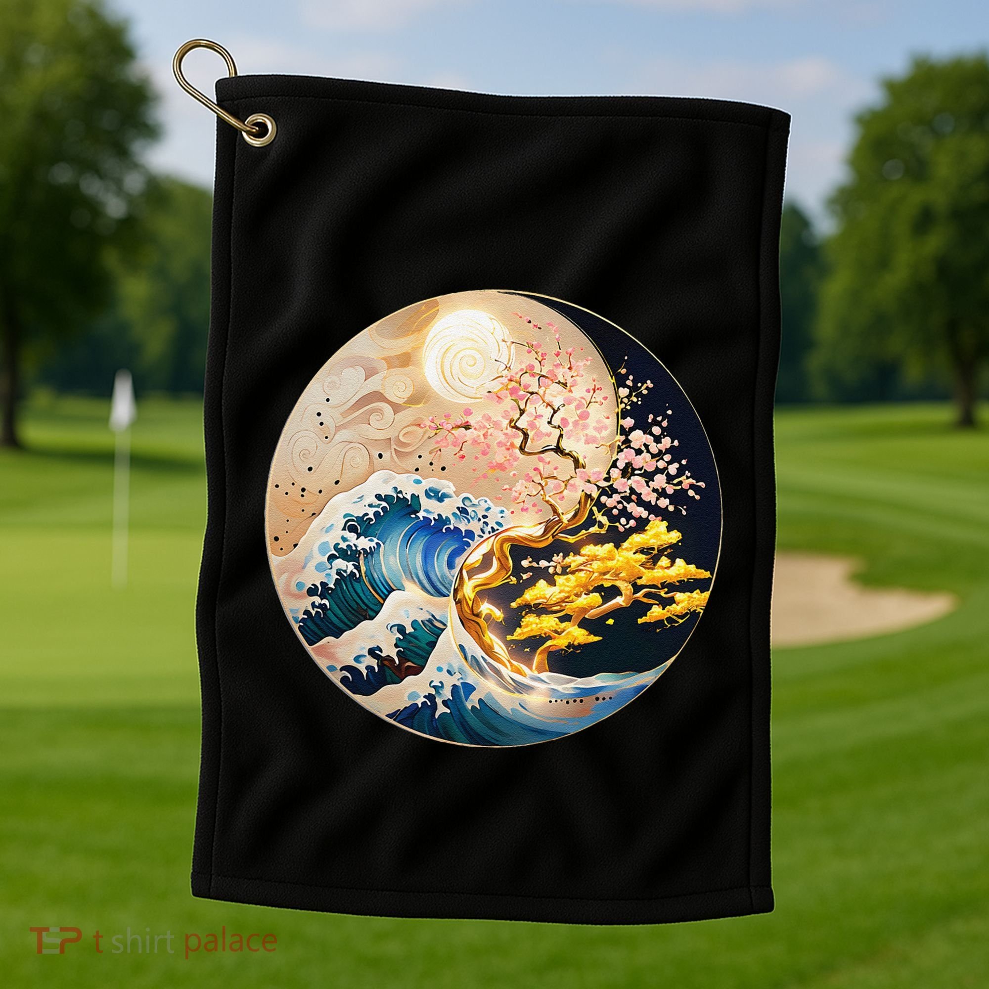 Yin Yang Blossom Golden Tree Of Harmony & Great Wave Golf Towel