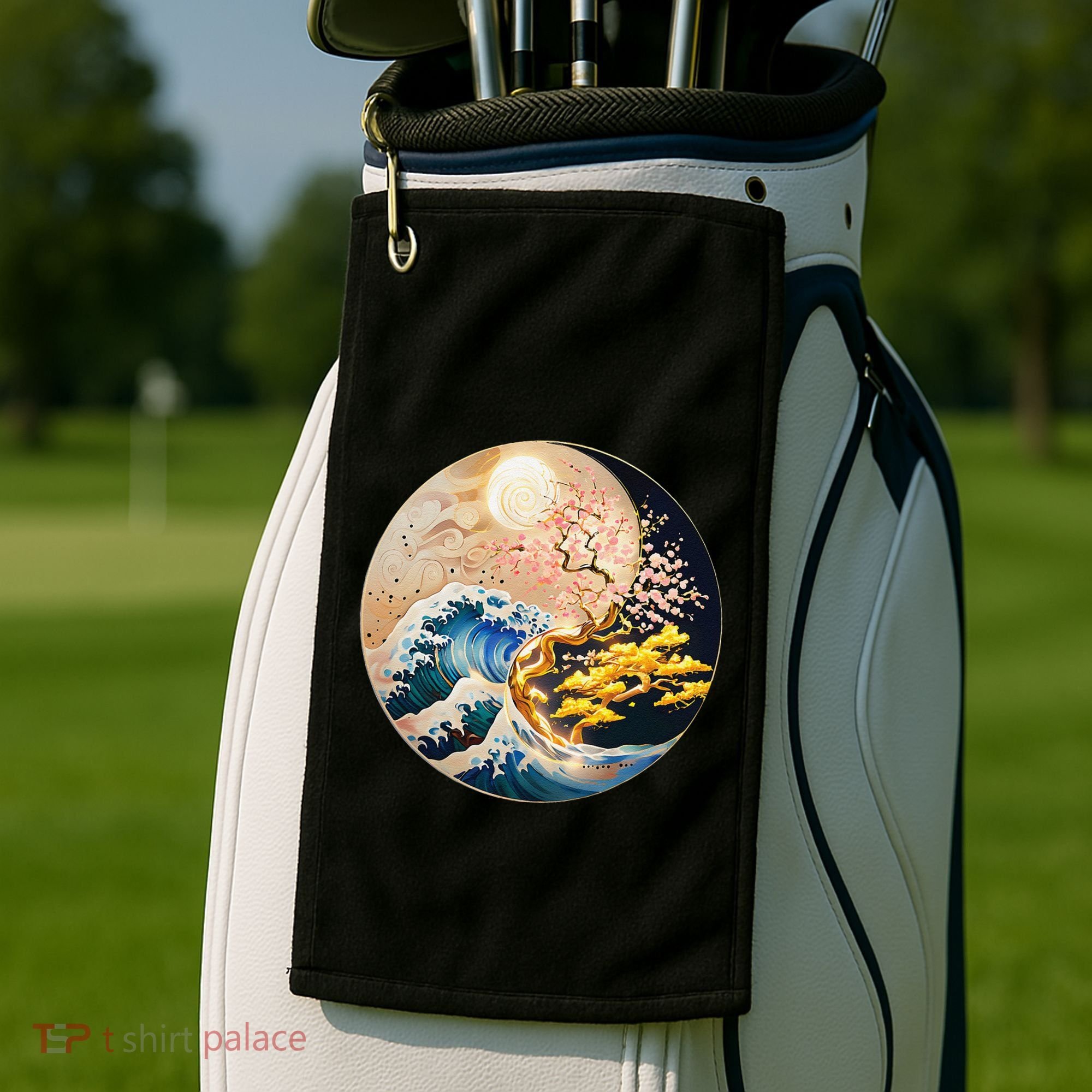 Yin Yang Blossom Golden Tree Of Harmony & Great Wave Golf Towel