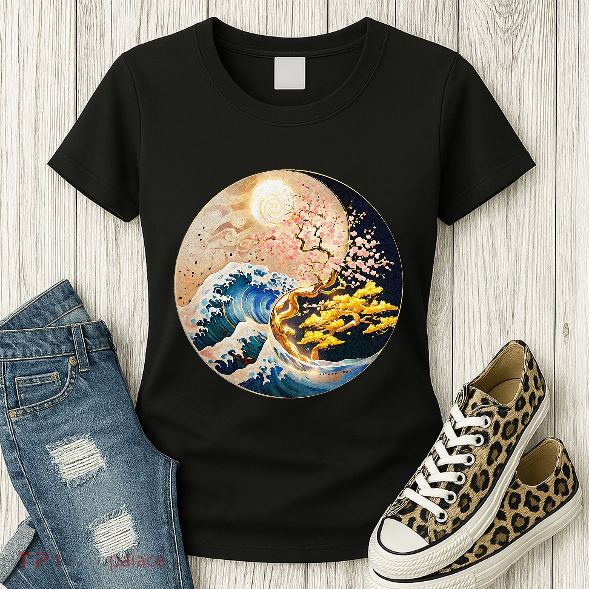 Yin Yang Blossom Golden Tree Of Harmony & Great Wave Women's T-Shirt