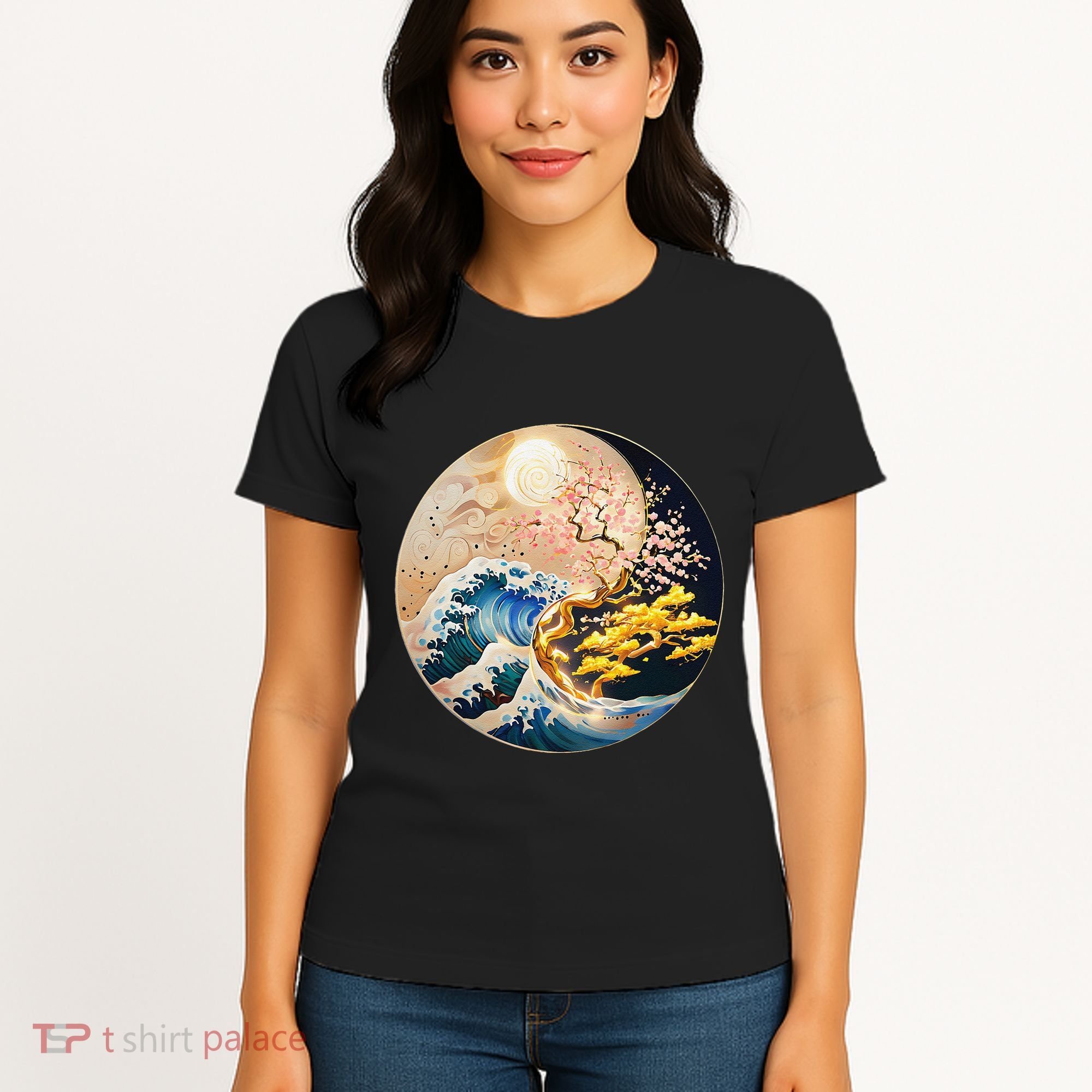 Yin Yang Blossom Golden Tree Of Harmony & Great Wave Women's T-Shirt