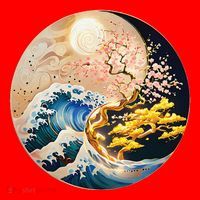 Yin Yang Blossom Golden Tree Of Harmony & Great Wave Santa Hat thumb 1