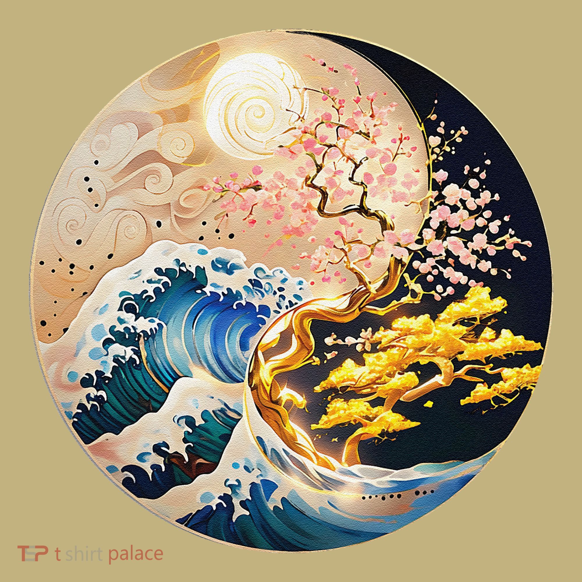 Yin Yang Blossom Golden Tree Of Harmony & Great Wave Sweatshirt