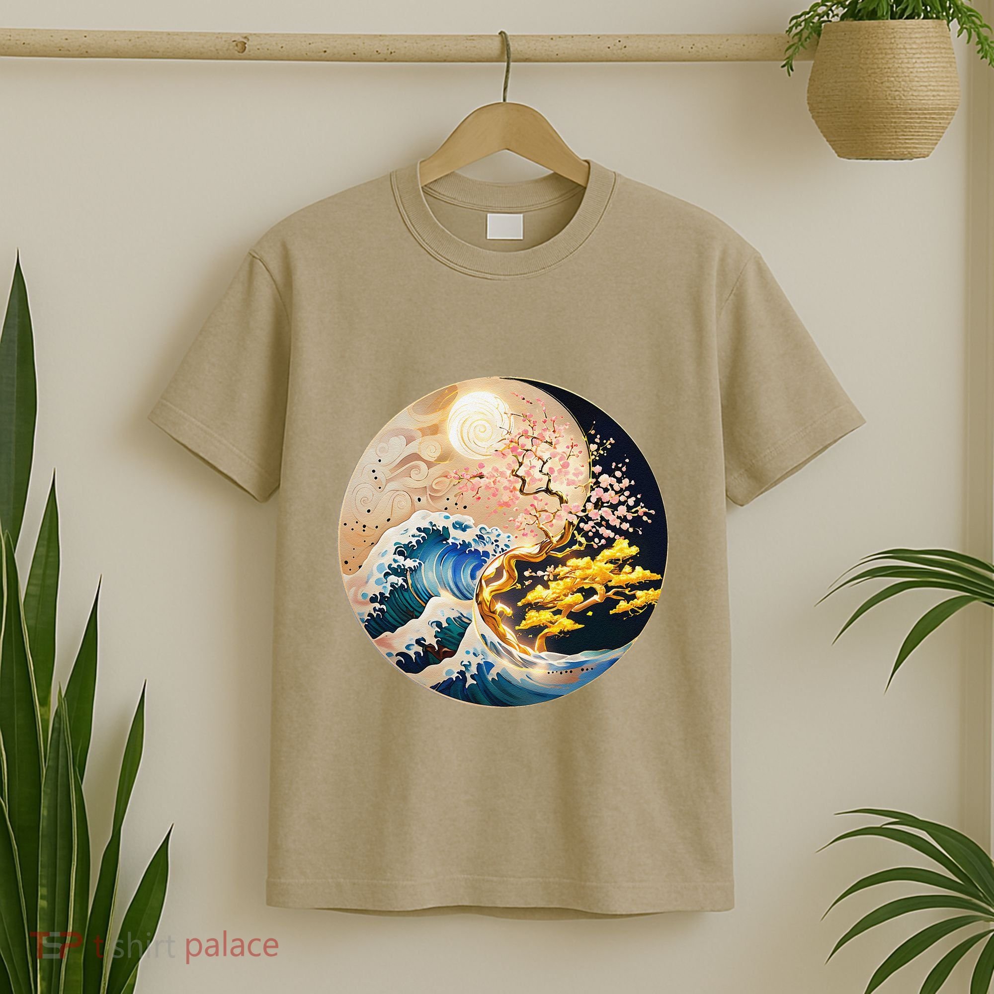 Yin Yang Blossom Golden Tree Of Harmony & Great Wave T-Shirt