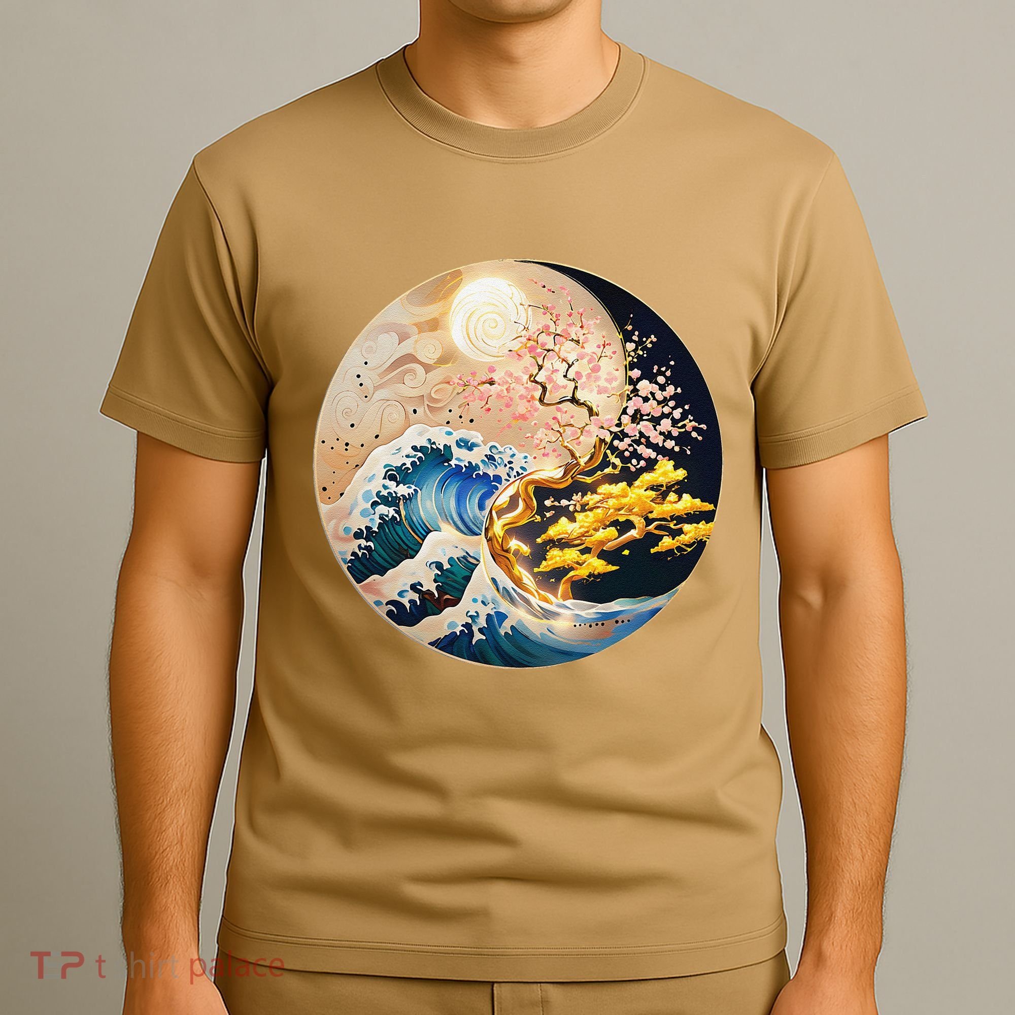 Yin Yang Blossom Golden Tree Of Harmony & Great Wave T-Shirt