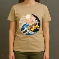 Yin Yang Blossom Golden Tree Of Harmony & Great Wave T-Shirt thumb 4