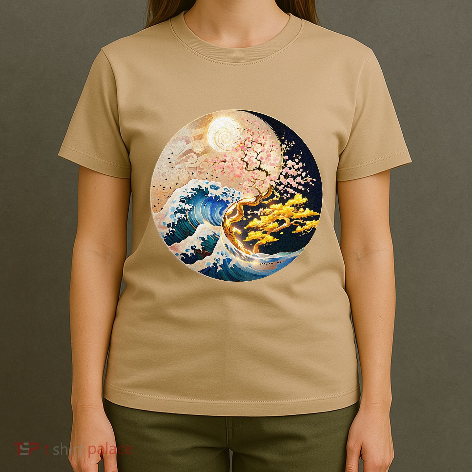 Yin Yang Blossom Golden Tree Of Harmony & Great Wave T-Shirt
