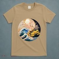 Yin Yang Blossom Golden Tree Of Harmony & Great Wave T-Shirt thumb 5