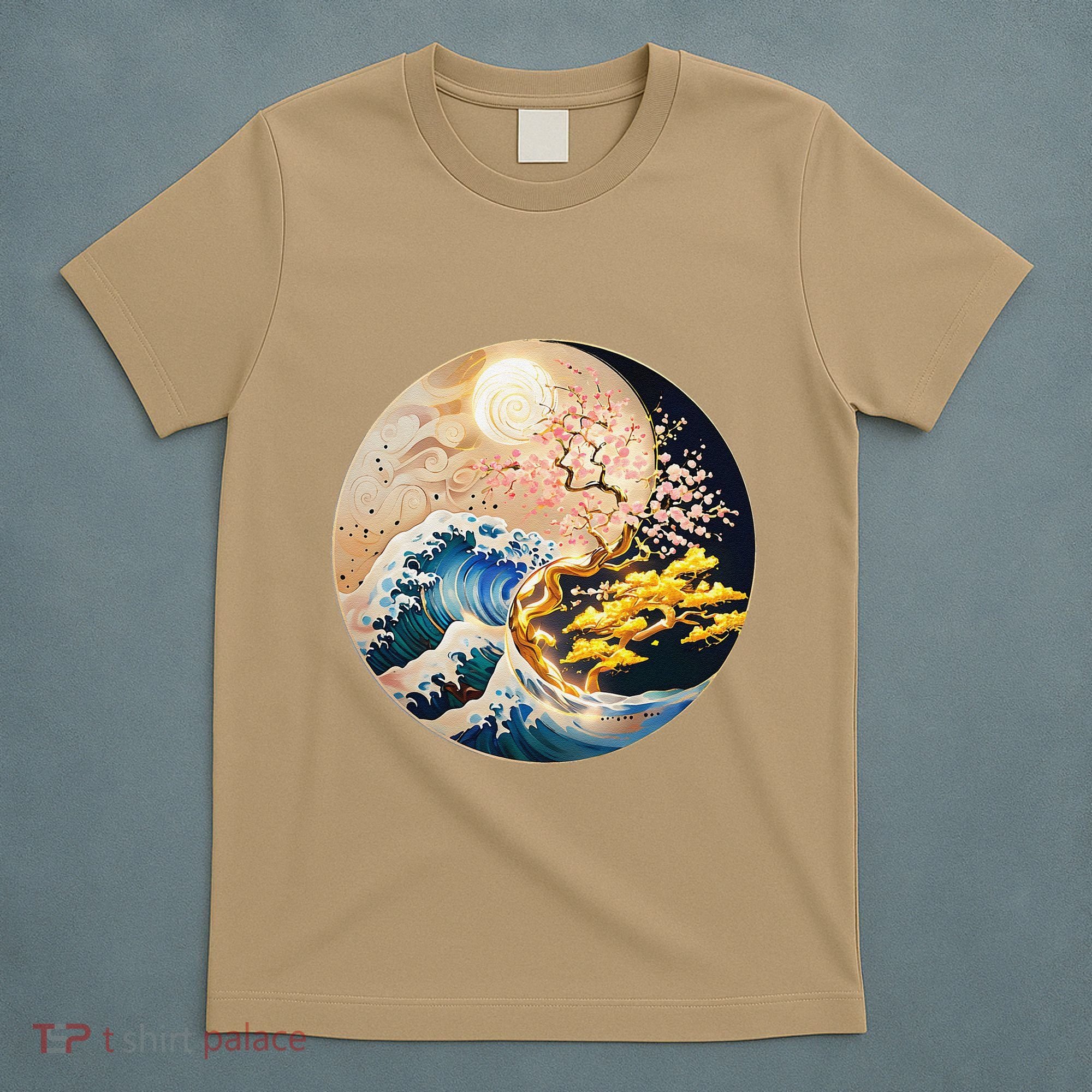 Yin Yang Blossom Golden Tree Of Harmony & Great Wave T-Shirt