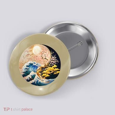 Yin Yang Blossom Golden Tree Of Harmony & Great Wave Button