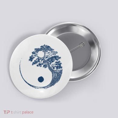 Yin Yang Blue Bonsai Tree Japanese Buddhist Zen Button