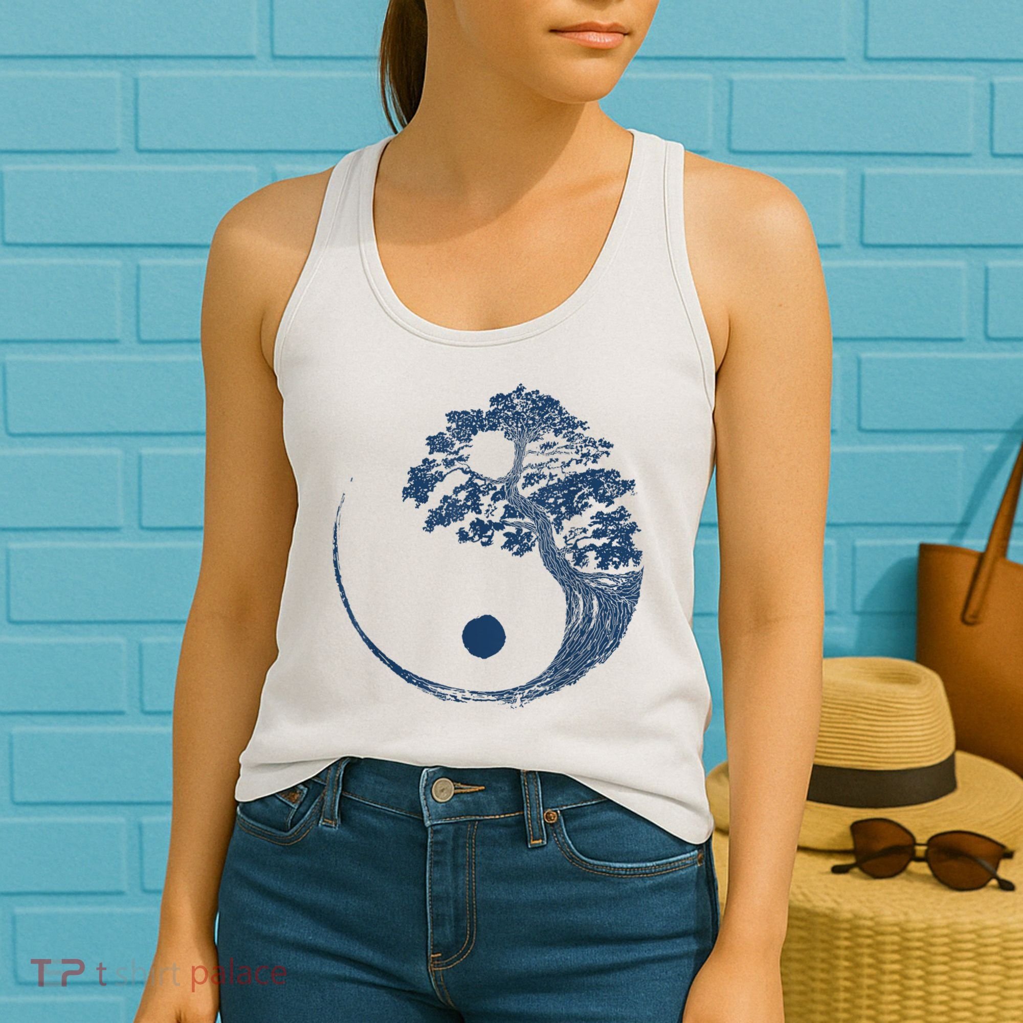 Yin Yang Blue Bonsai Tree Japanese Buddhist Zen Women's Tank Top