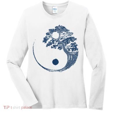 Yin Yang Blue Bonsai Tree Japanese Buddhist Zen Women's Long Sleeve Shirt