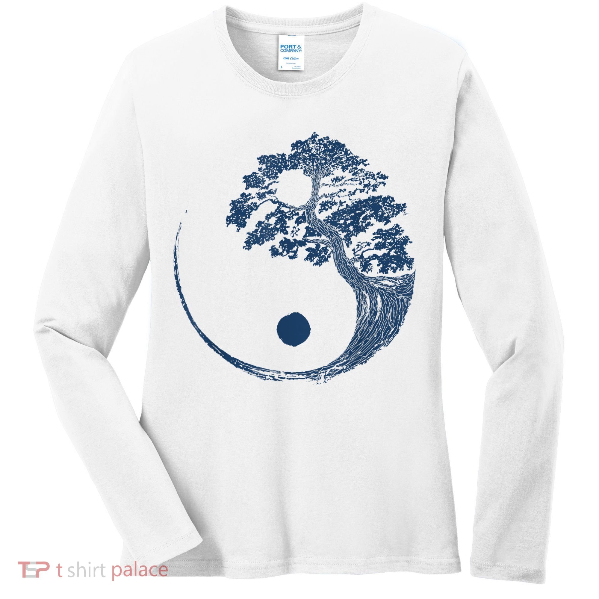 Yin Yang Blue Bonsai Tree Japanese Buddhist Zen Women's Long Sleeve Shirt
