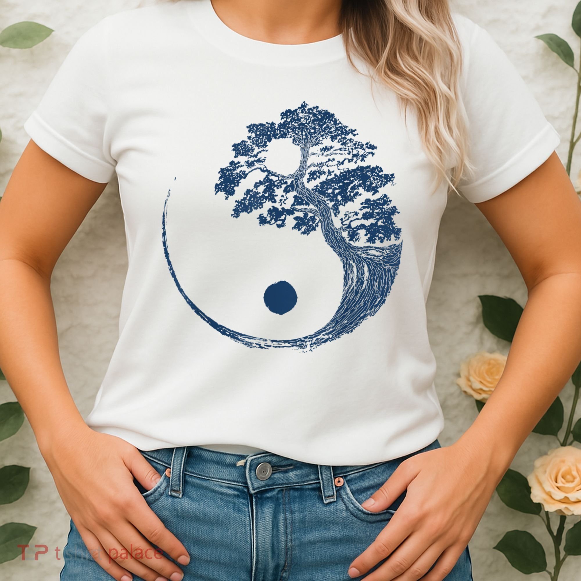 Yin Yang Blue Bonsai Tree Japanese Buddhist Zen Women's T-Shirt