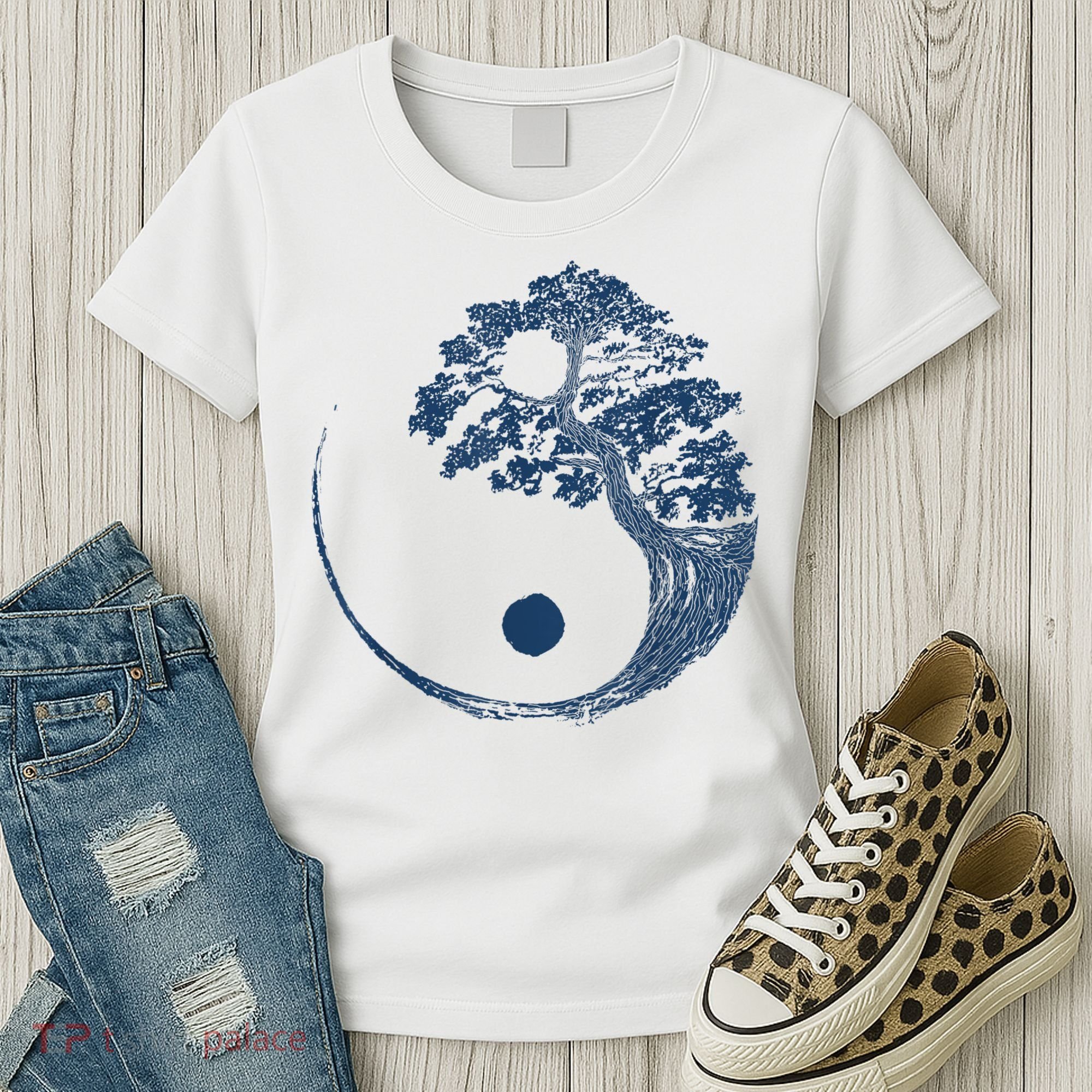 Yin Yang Blue Bonsai Tree Japanese Buddhist Zen Women's T-Shirt