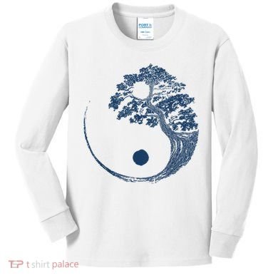 Yin Yang Blue Bonsai Tree Japanese Buddhist Zen Kids Long Sleeve Shirt