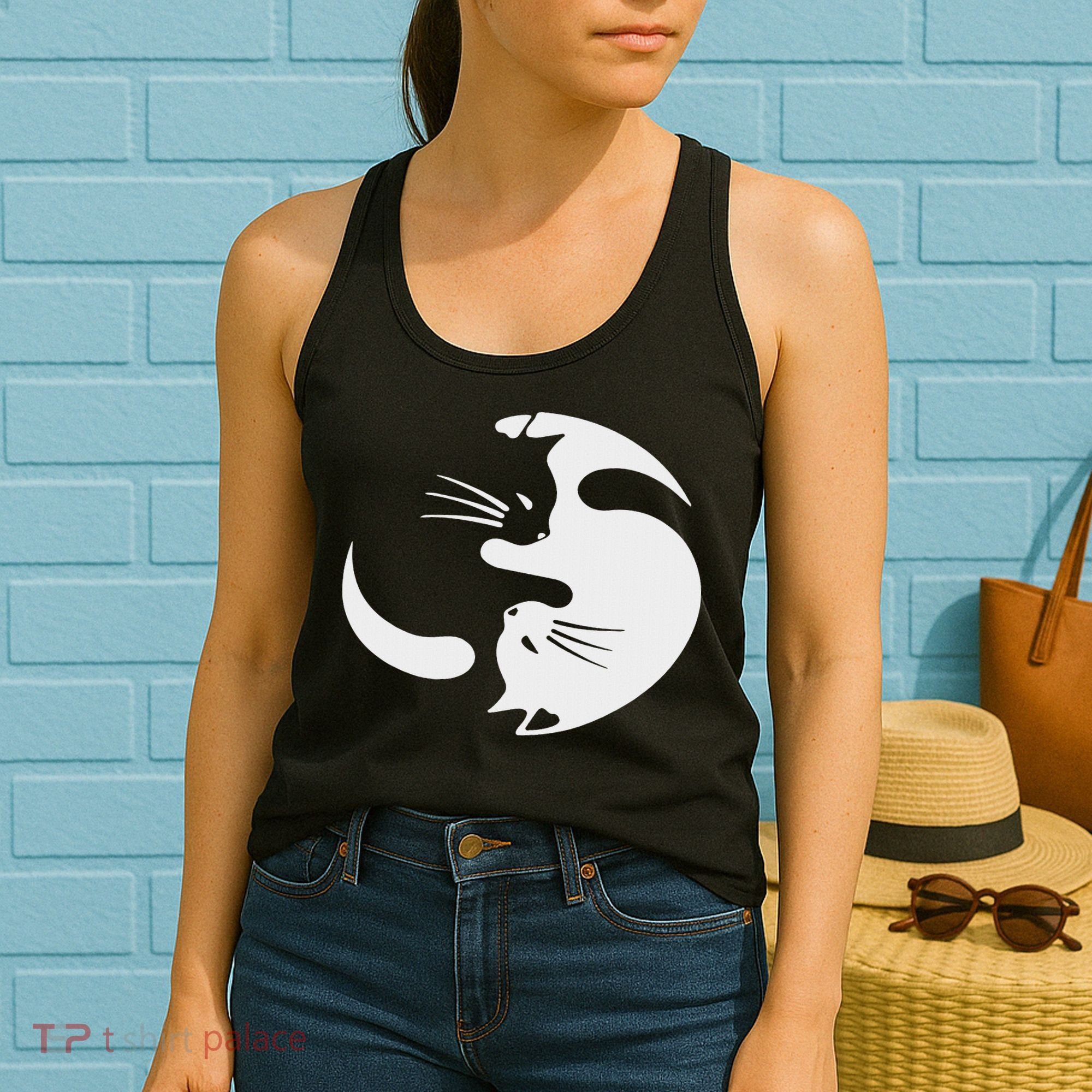 Yin Yang Cat Symbol Cute Black And White Cat Kitty Halloween Women's Tank Top
