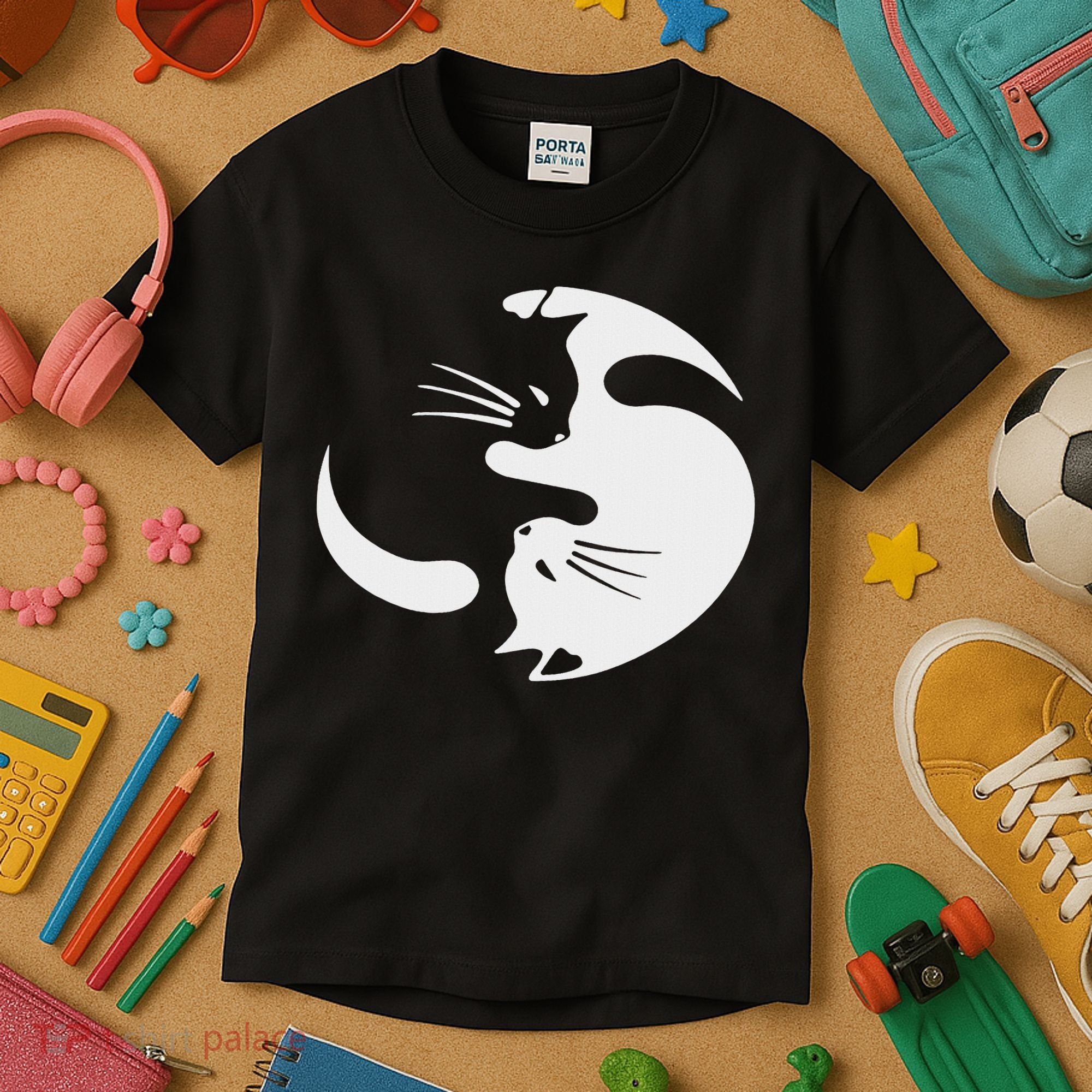 Yin Yang Cat Symbol Cute Black And White Cat Kitty Halloween Kids T-Shirt