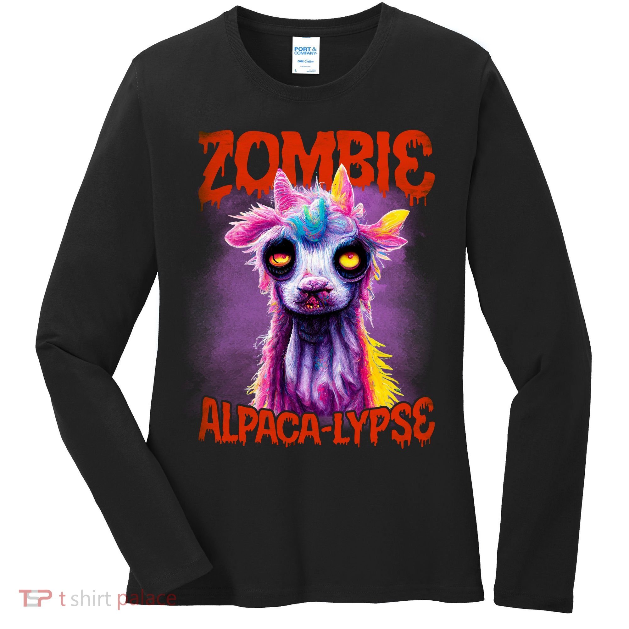 Zombie Alpaca Lypse Halloween Llama Spooky Costumes Graphic Plus Size Women's Long Sleeve Shirt