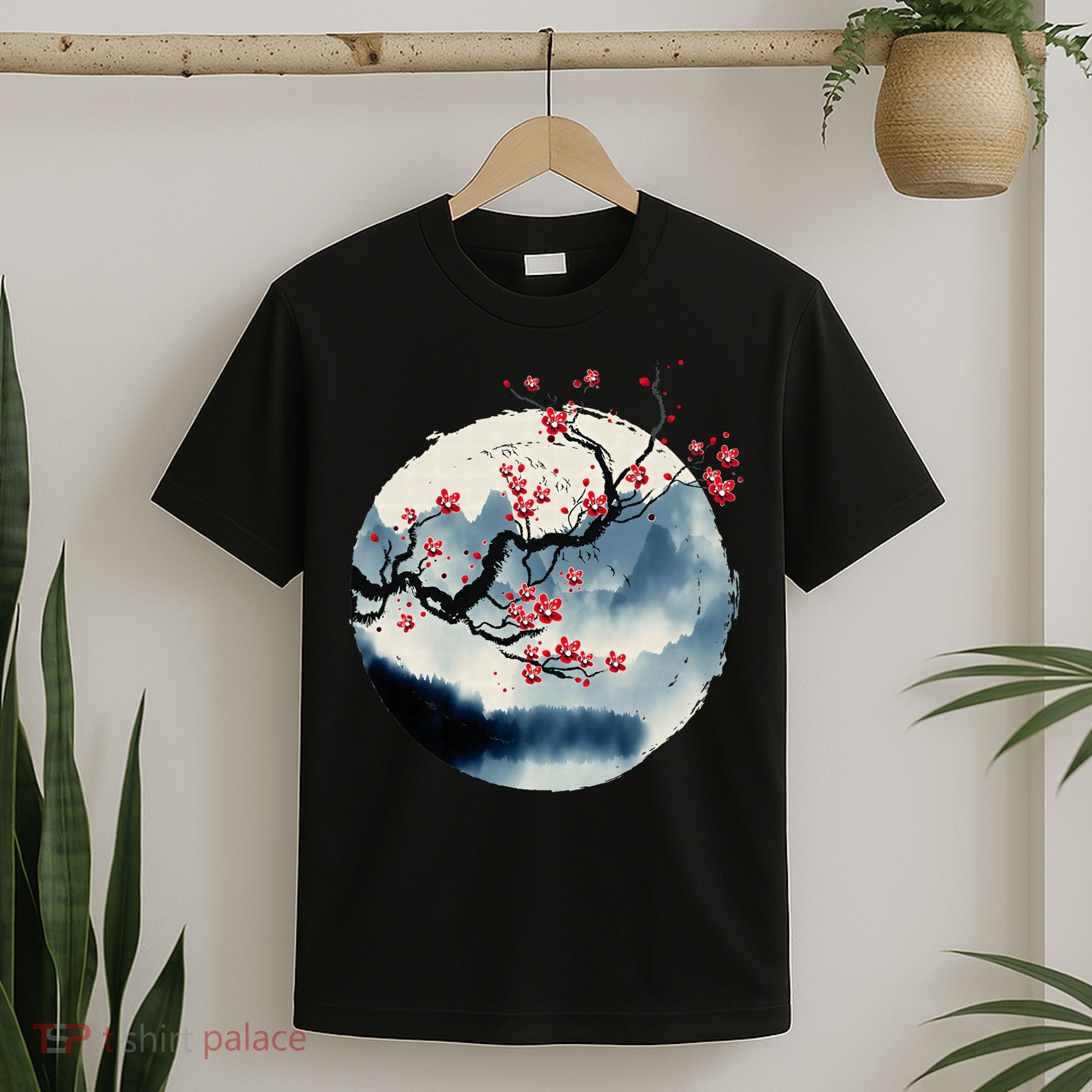 Zen Mountains Cherry Blossom Flowers Japanese Woodblock Art T-Shirt