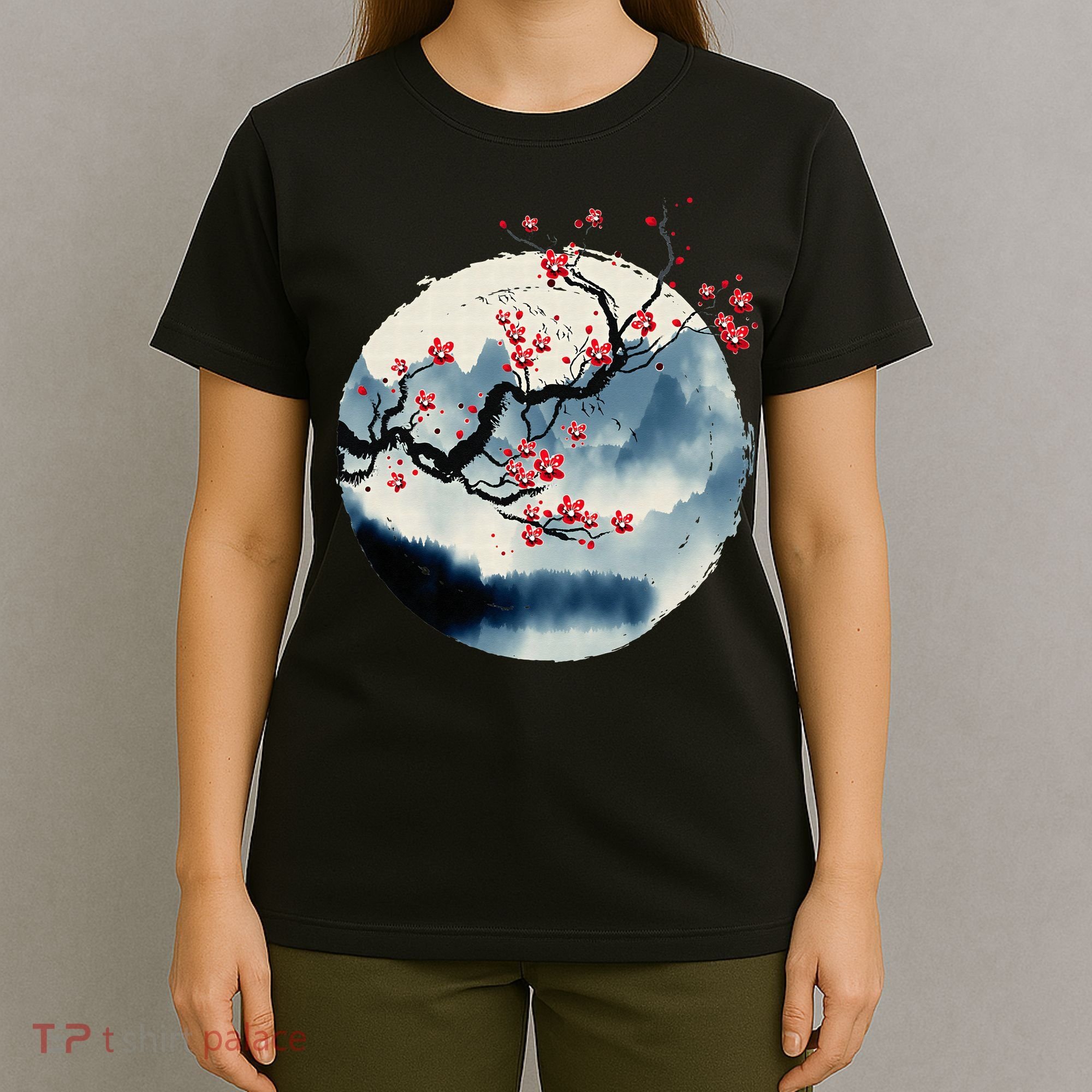 Zen Mountains Cherry Blossom Flowers Japanese Woodblock Art T-Shirt