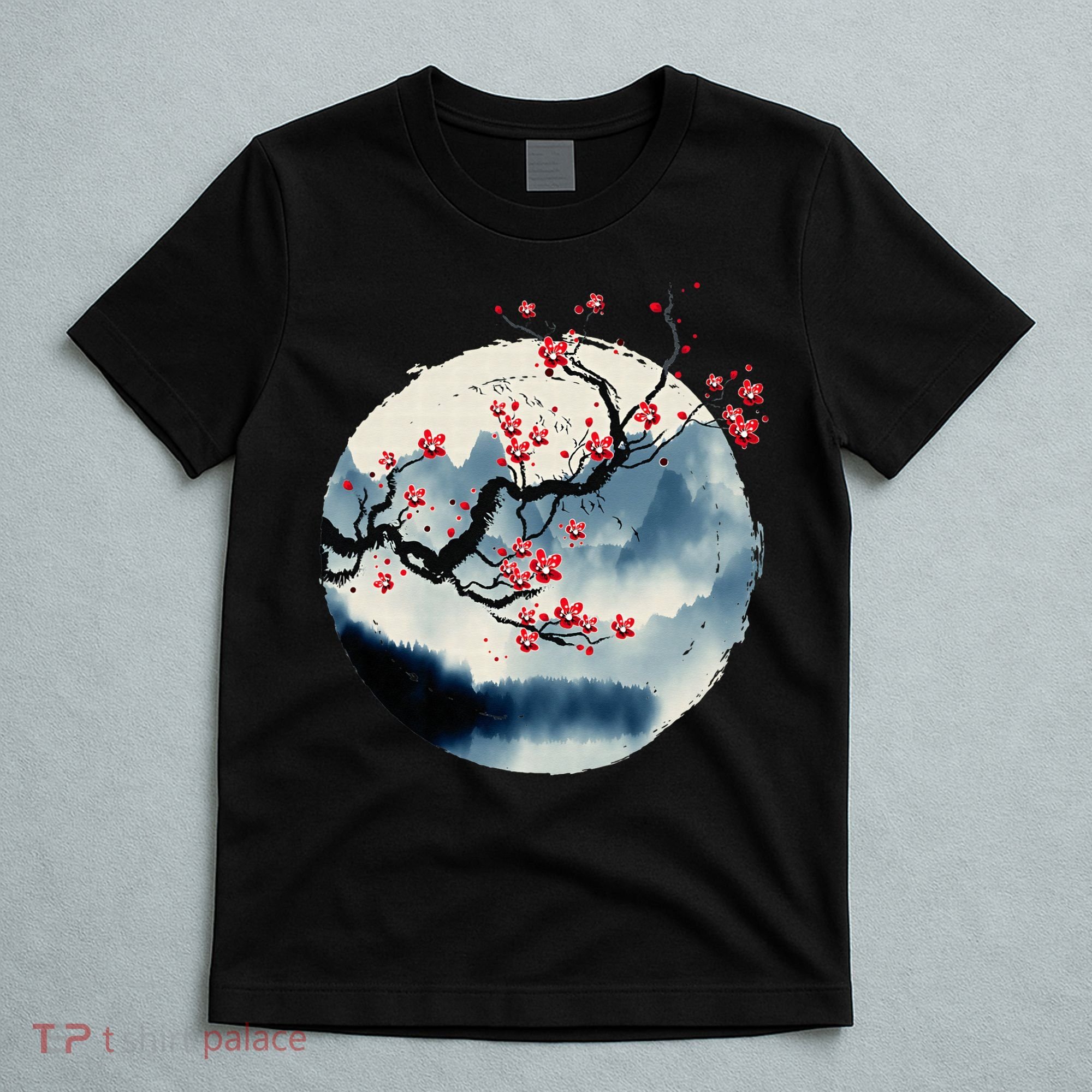 Zen Mountains Cherry Blossom Flowers Japanese Woodblock Art T-Shirt