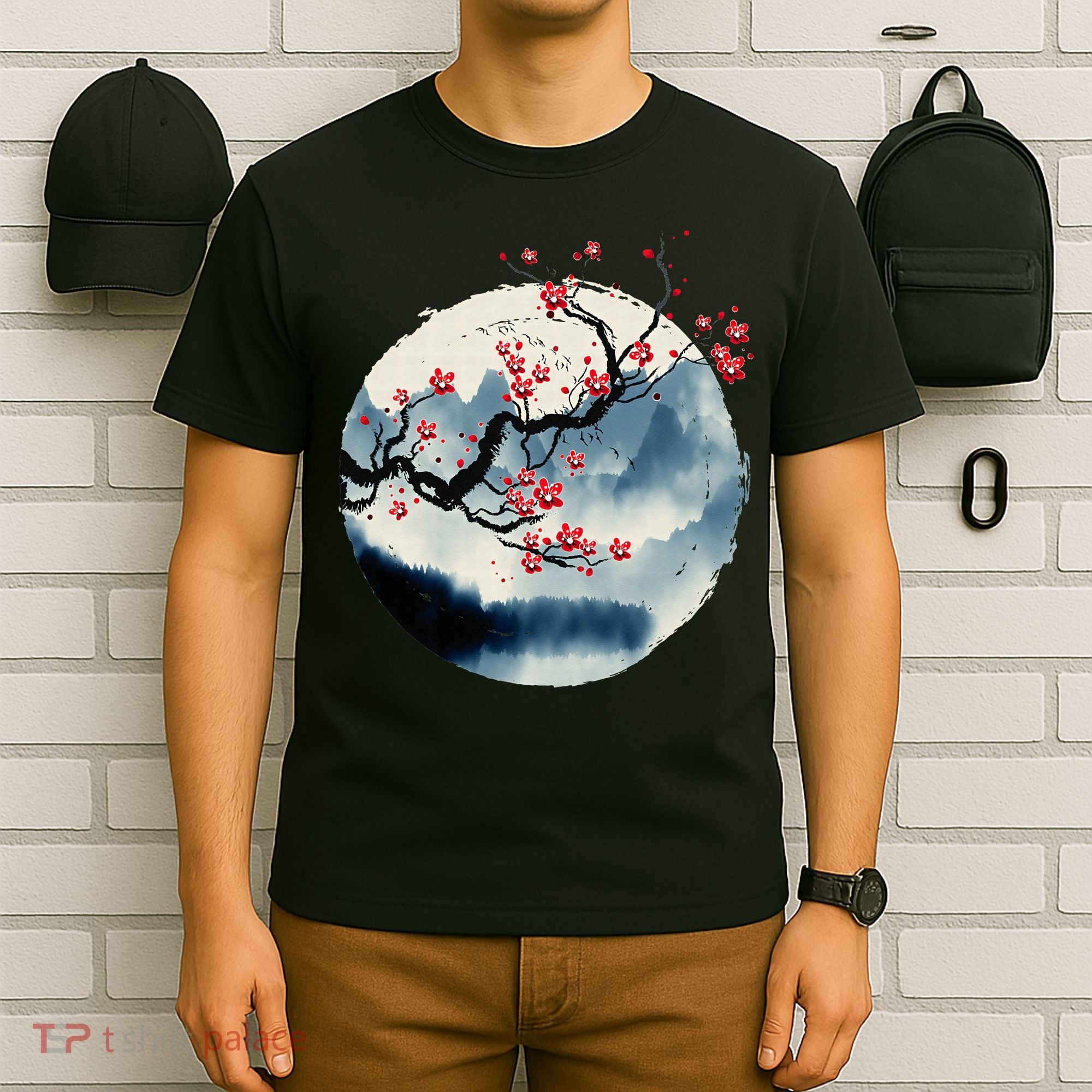 Zen Mountains Cherry Blossom Flowers Japanese Woodblock Art T-Shirt