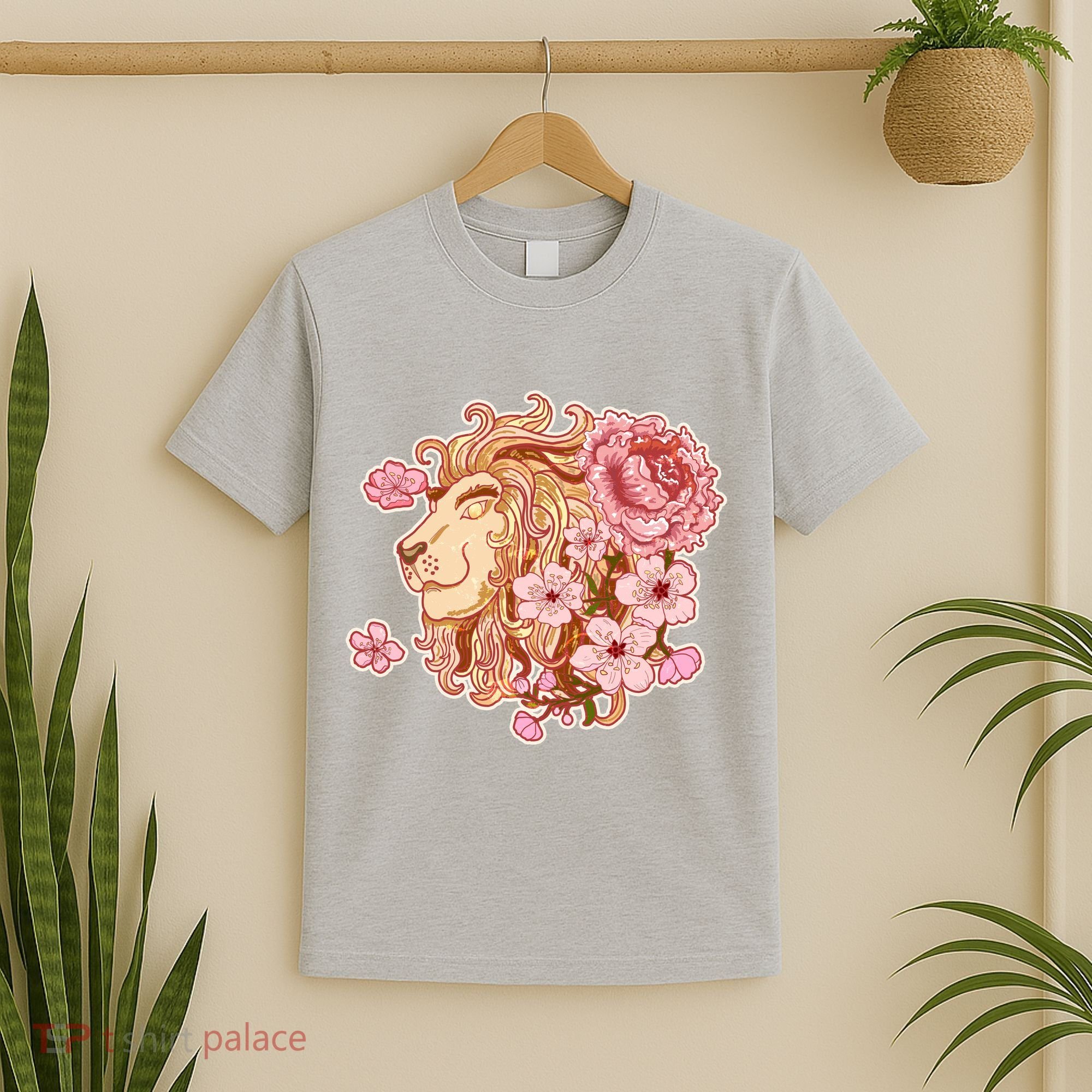 Zodiac Leo Lion with Japanese Cherry Blossoms T-Shirt