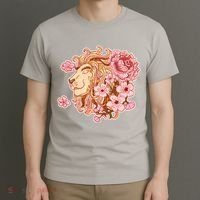 Zodiac Leo Lion with Japanese Cherry Blossoms T-Shirt thumb 3