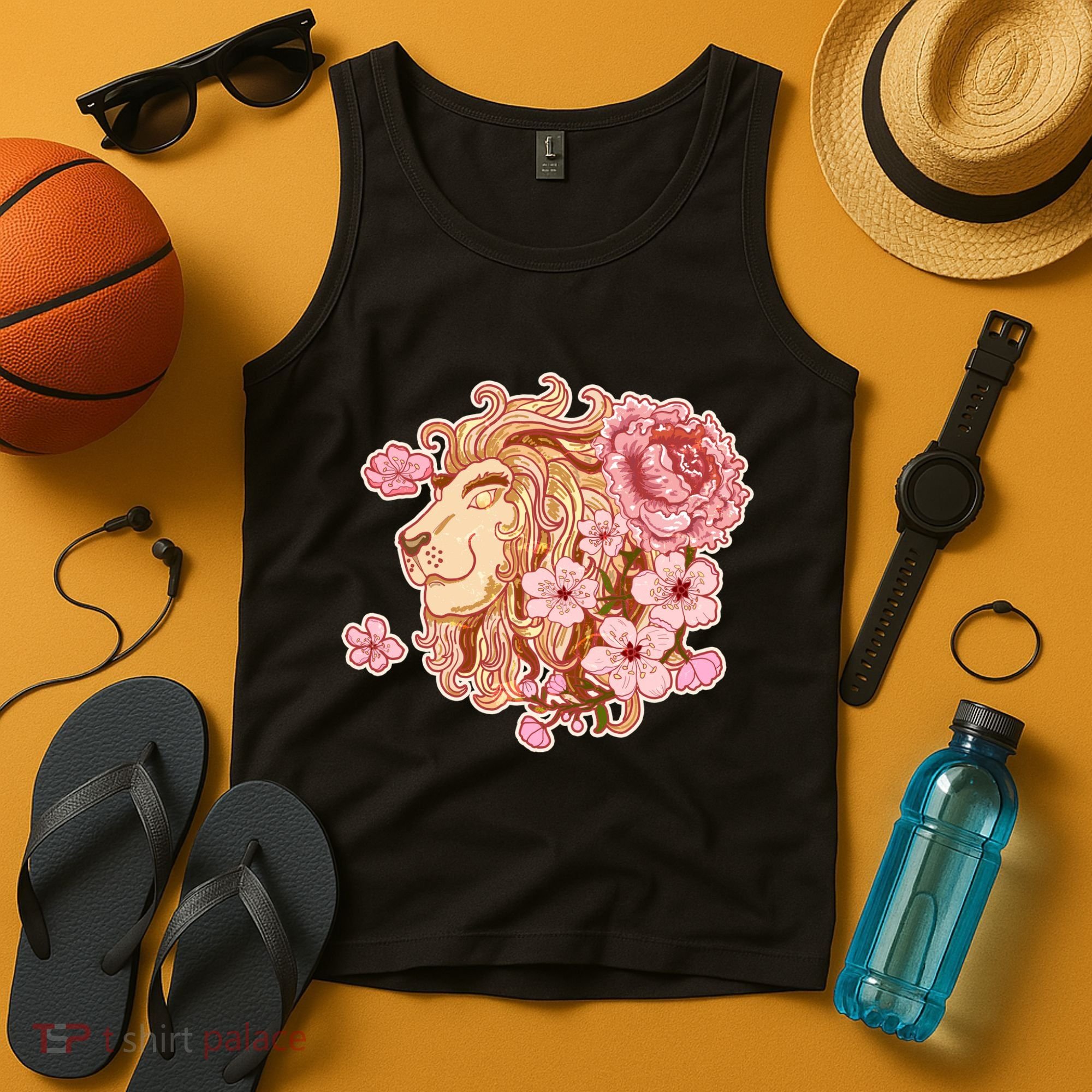 Zodiac Leo Lion with Japanese Cherry Blossoms Tank Top